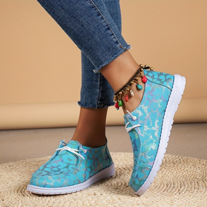 Women's Leopard Print Canvas Shoes, Lightweight Lace Up Flat Shoes, Casual Slip On Shoes
