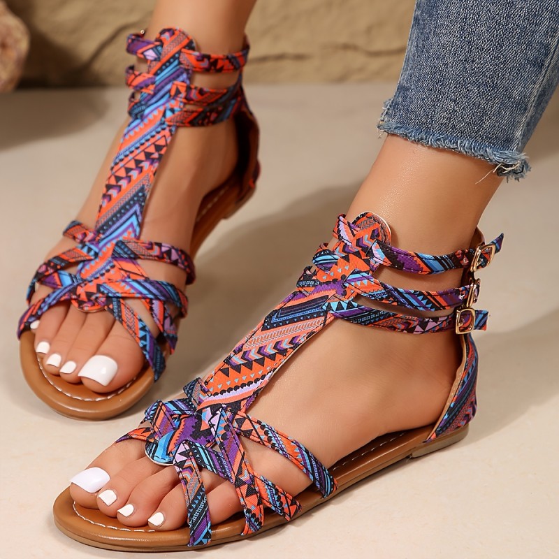 Women's Geometric Pattern Flat Sandals, Casual Open Toe Summer Shoes, Lightweight Back Zipper Sandals