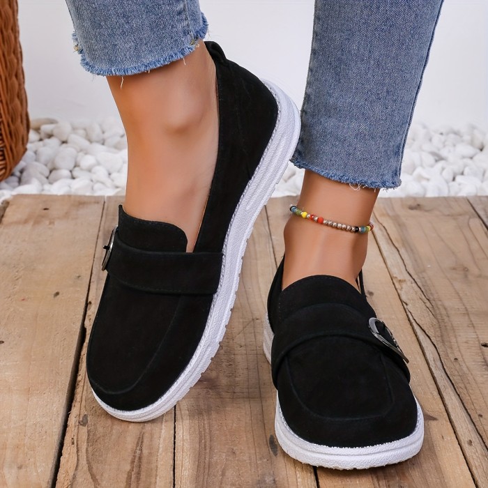Women's Buckle Strap Detailed Loafers, Casual Slip On Flat Shoes, Lightweight & Comfortable Shoes