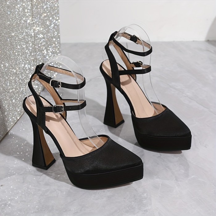 Women's Gentle Solid Color Sandals, Ankle Buckle Straps Platform Dress Summer Shoes, Point Toe Flared Heel Shoes