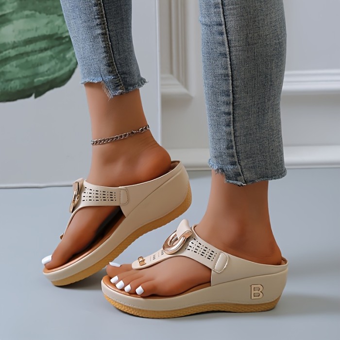 Women's Faux Leather Wedge Slide Sandals, Fashion Letter Detail Flatform Thong Sandals, Women's Footwear