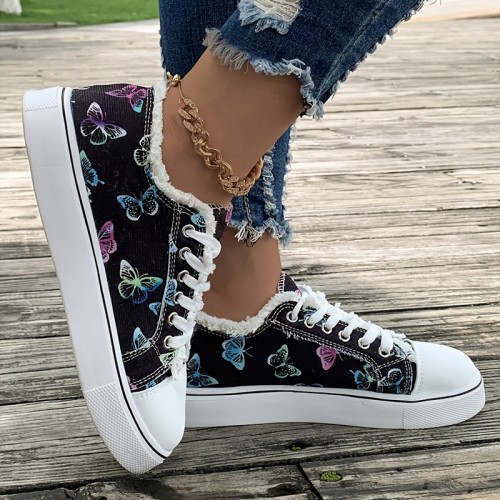 Women's Butterfly Print Canvas Sneakers, Raw Trim Lace Up Flat Skate Shoes, All-Match Low Top Trainers