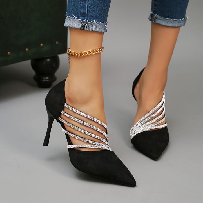 Women's Rhinestone Decor Stiletto Heels, Elegant Point Toe Dress Pumps, Fashion Slip On Party Heels