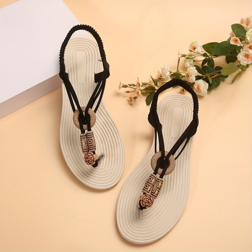 Women's Boho Style Thong Sandals, Casual Lightweight Elastic Band Slip On Shoes, Outdoor Summer Beach Sandals