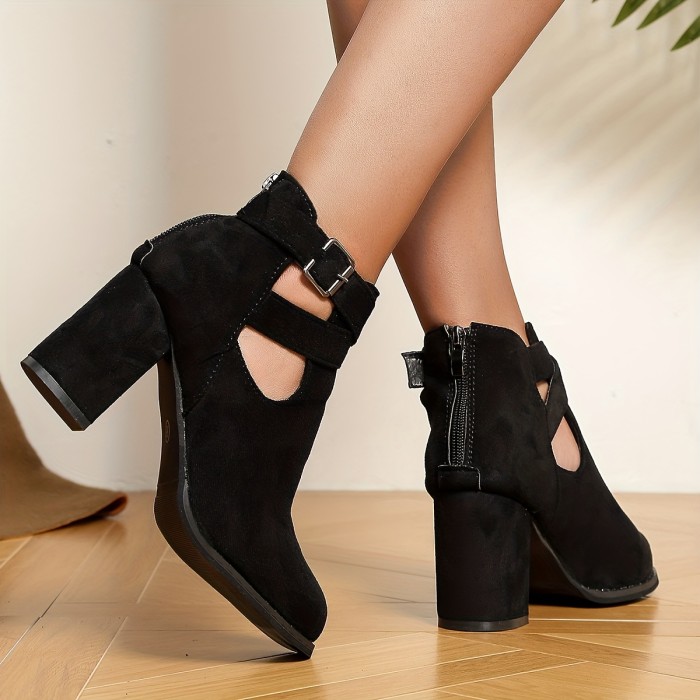Women's Block Heeled Ankle Boots, Comfy Buckle Strap Back Zipper Shoes, Versatile High Heeled Booties