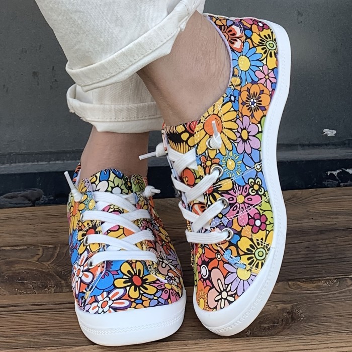 Colorful Flower Canvas Shoes, Four Seasons New Flat Fashion Skate Shoes, Shallow Mouth Casual Women's Shoes, Lightweight Walking Breathable Running Shoes