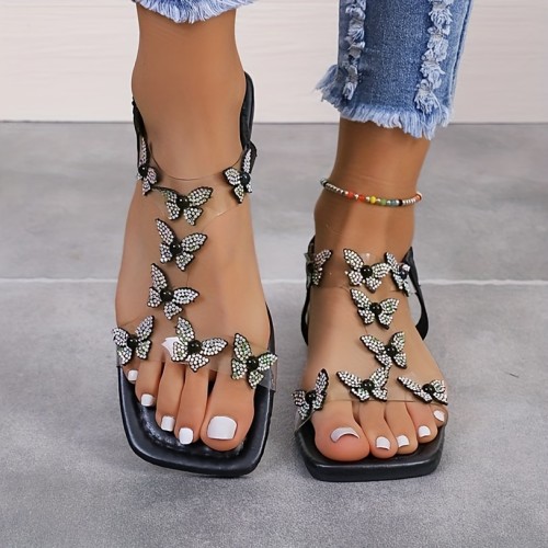 Women's Rhinestone Butterfly Decor Sandals, Elastic Ankle Strap Lightweight Summer Shoes, Glitter Vacation Beach Shoes