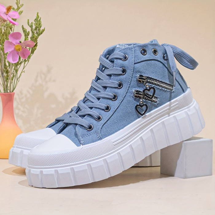 Women's Solid Color Sneakers, Lace Up Comfy Platform Heart Zipper Skate Shoes, Lightweight Low-top Canvas Shoes
