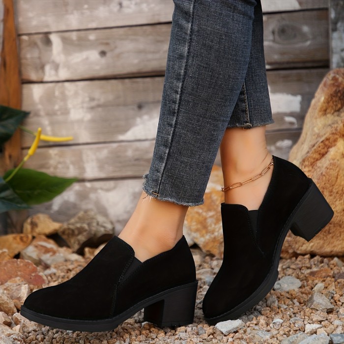 Women's Solid Color Chunky Heel Short Boots, Casual Slip On Dress Boots, Women's Comfortable Ankle Boots