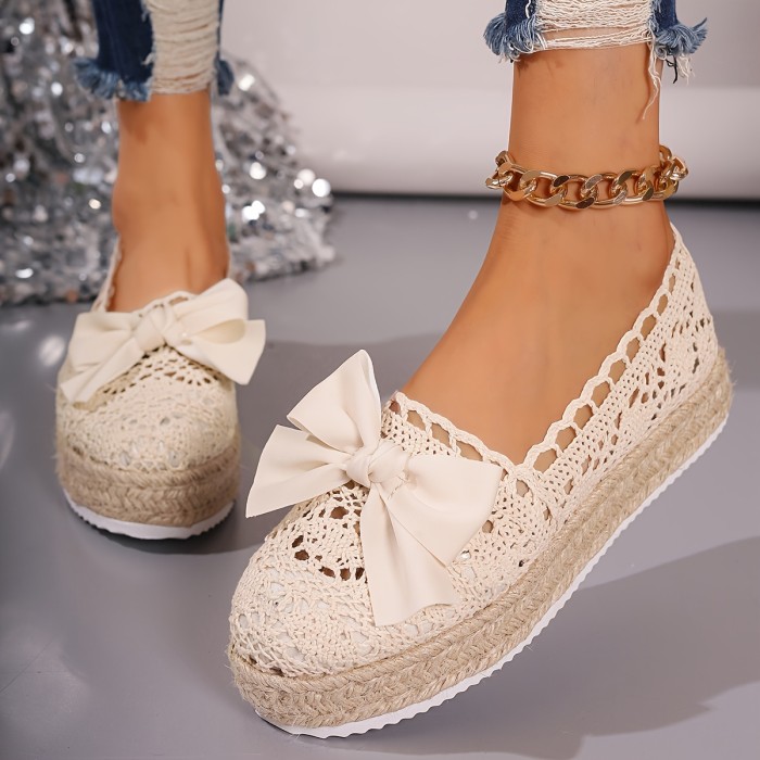 Women's Bowknot Decor Platform Loafers, Casual Slip On Breathable Shoes, Comfortable Espadrille Shoes
