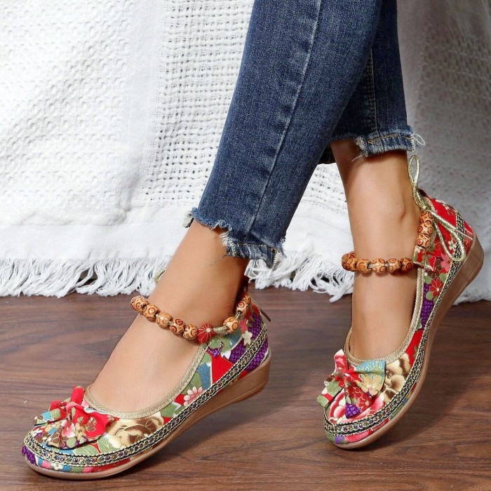 Women's Floral Print Flat Shoes, Tribal Style Ankle Strap Slip On Shoes, Casual Walking Shoes
