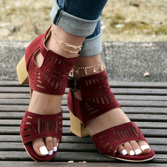 Women's Hollow Out High Heels, Fashion Peep Toe Buckle Strap Block Heels, Back Zipper Design Sandals