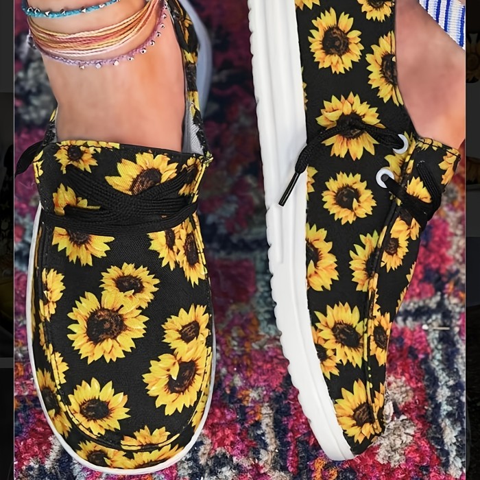 Women's Sunflower Print Flat Loafers, Casual Lace Up Slip On Canvas Shoes, Women's Walking Shoes