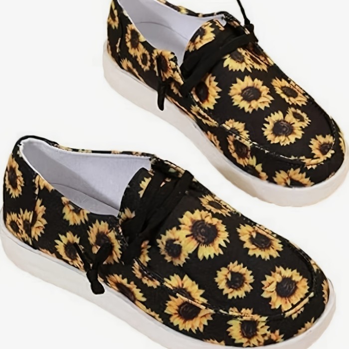 Women's Sunflower Print Flat Loafers, Casual Lace Up Slip On Canvas Shoes, Women's Walking Shoes