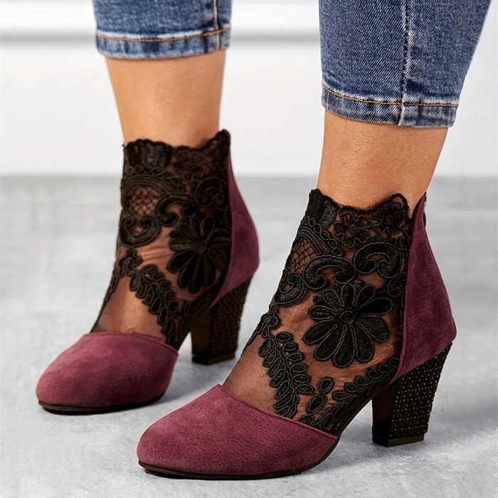 Women's Floral Lace Ankle Boots, Fashionable Pointed Toe Chunky Heeled Boots, Versatile High Heeled Boots