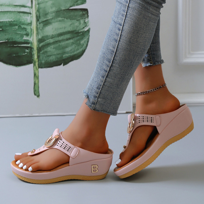 Women's Faux Leather Wedge Slide Sandals, Fashion Letter Detail Flatform Thong Sandals, Women's Footwear