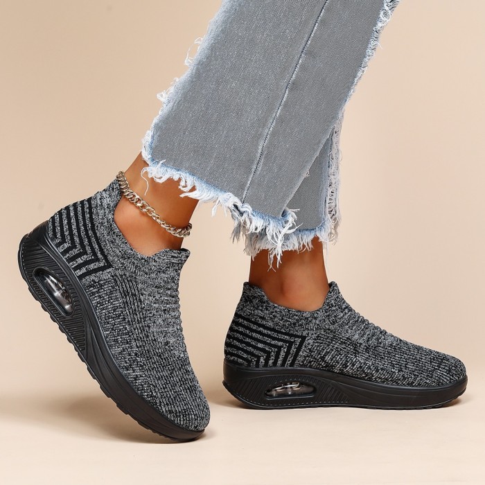 Women's Air Cushion Sneakers,  Breathable Round Closed Toe Low Top Slip On Shoes, Women's Casual Knitted Shoes