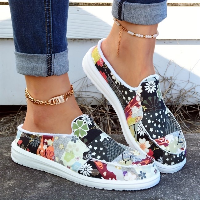 Women's Floral Print Canvas Shoes, Slip-on Round Toe Lightweight Casual Shoes, Women's Comfy Flat Shoes