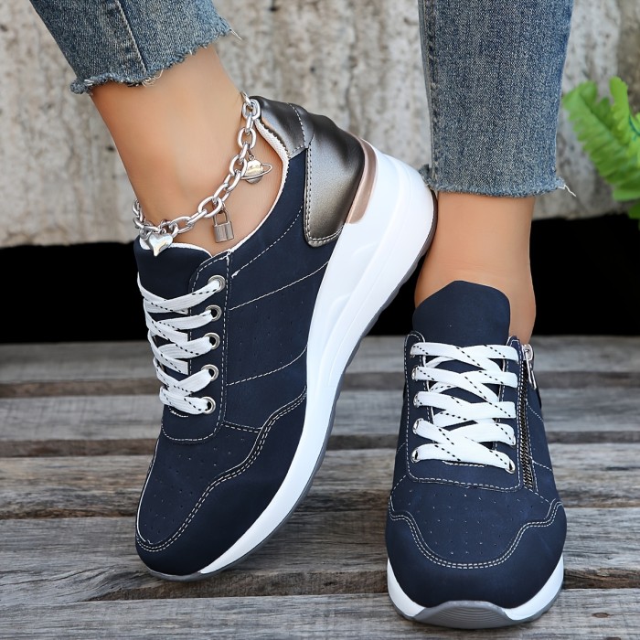 Women's Solid Color Casual Sneakers, Lace Up Breathable Soft Sole Sporty Strainers, Lightweight Low-top Wedge Shoes