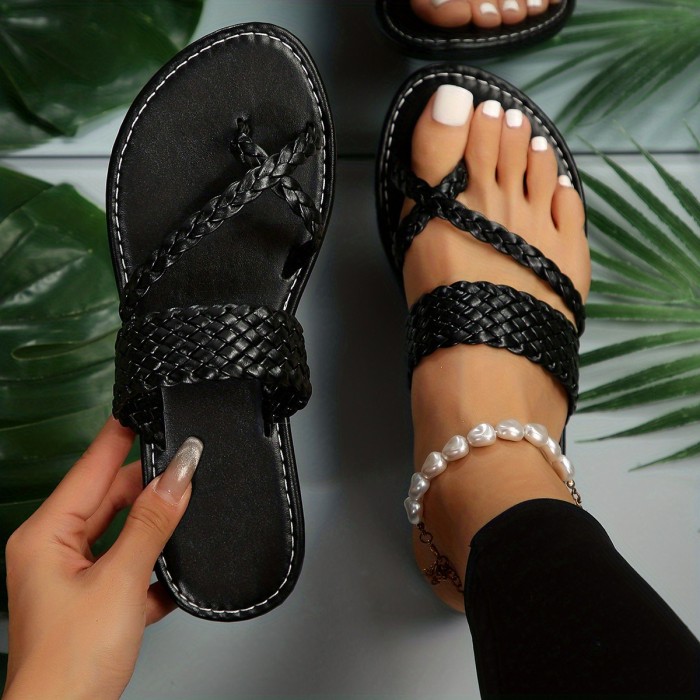 Women's Flat Slide Sandals, Toe Loop Braided Band Slip On Shoes, Casual Beach Slides