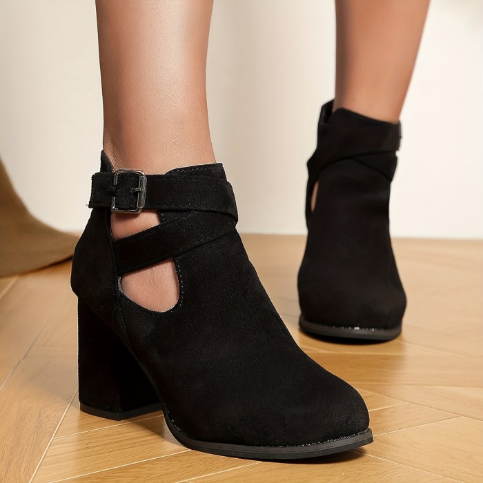 Women's Block Heeled Ankle Boots, Comfy Buckle Strap Back Zipper Shoes, Versatile High Heeled Booties