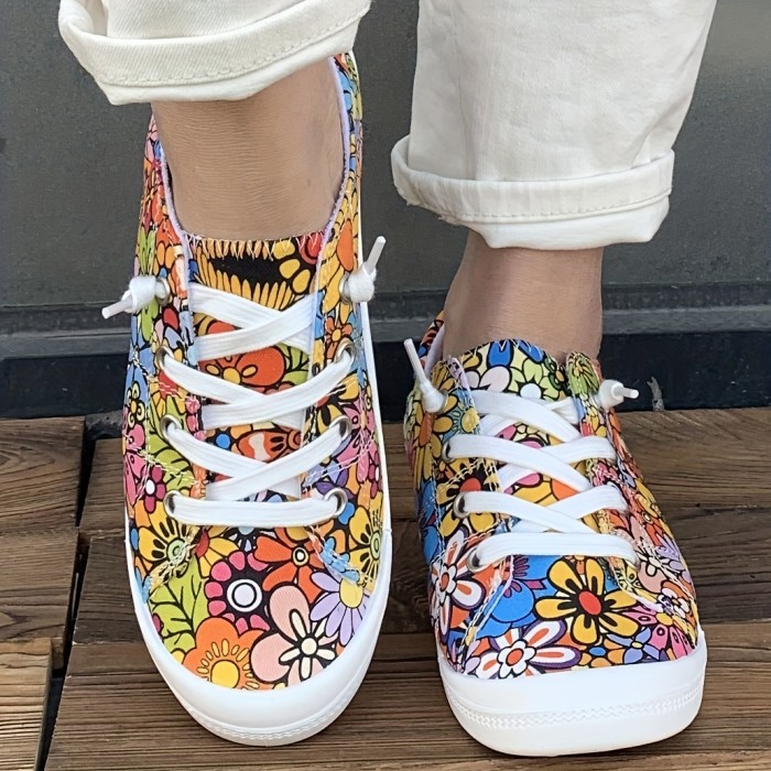 Colorful Flower Canvas Shoes, Four Seasons New Flat Fashion Skate Shoes, Shallow Mouth Casual Women's Shoes, Lightweight Walking Breathable Running Shoes