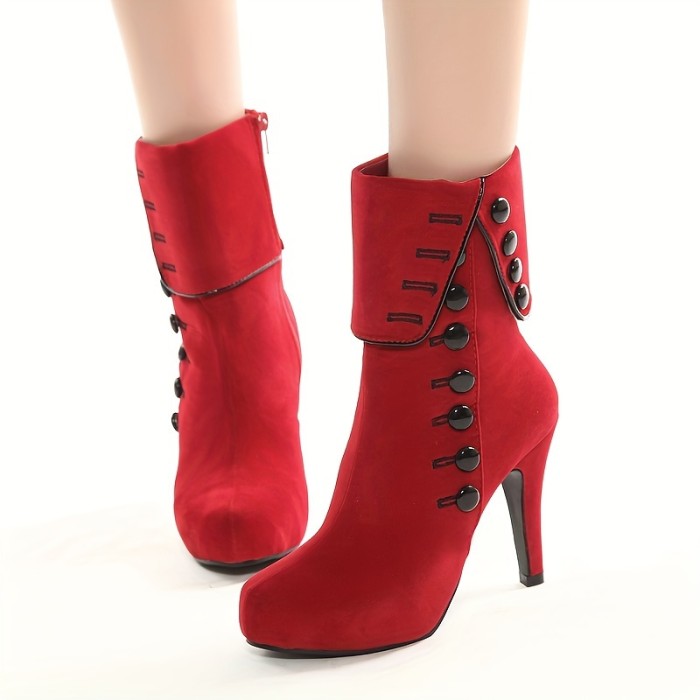 Women's Solid Color Trendy Boots, Side Zipper Platform Buckle Decor Fold Over Boots, High Heel Winter Slim Boots
