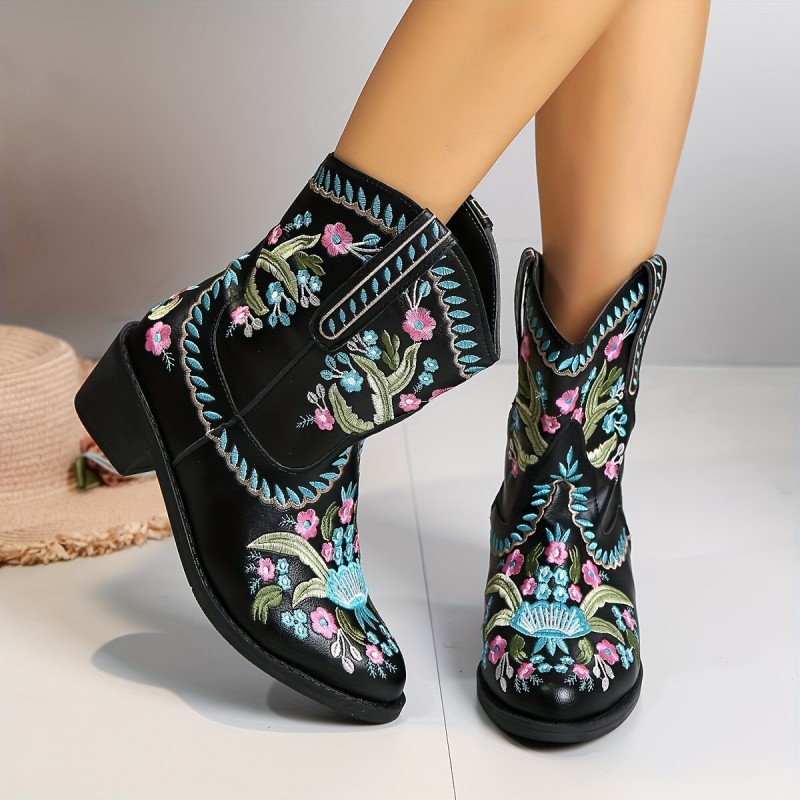 Women's Flower Pattern Chunky Heel Boots, Casual Slip On Short Boots, Women's Comfortable Ankle Boots