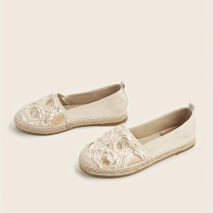 Women's Floral Sequins Flat Shoes, Fashion Round Toe Espadrille Canvas Shoes, Casual Outdoor Flats