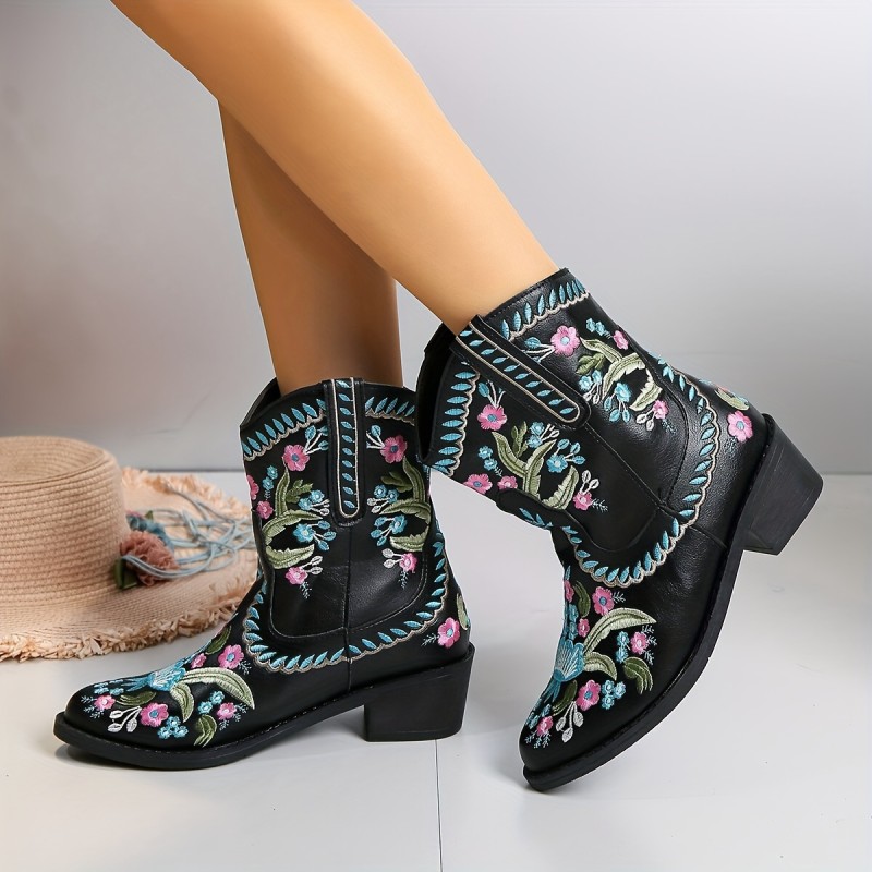 Women's Flower Pattern Chunky Heel Boots, Casual Slip On Short Boots, Women's Comfortable Ankle Boots