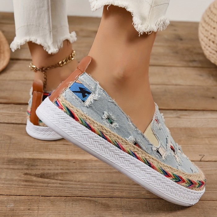 Women's Ripped Detail Canvas Shoes, Casual Espadrille Low Top Flats, All-Match Slip On Shoes