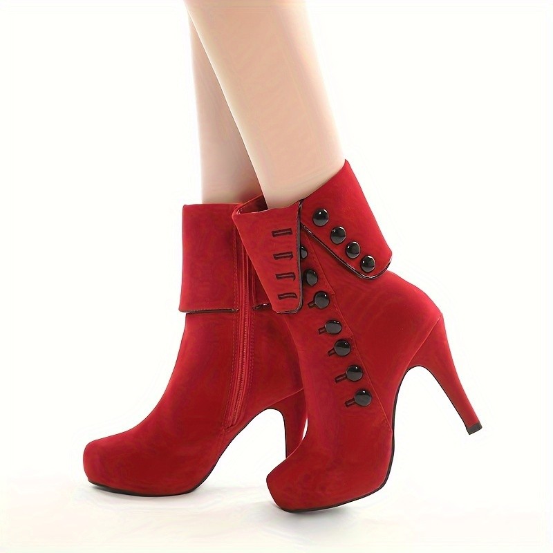 Women's Solid Color Trendy Boots, Side Zipper Platform Buckle Decor Fold Over Boots, High Heel Winter Slim Boots