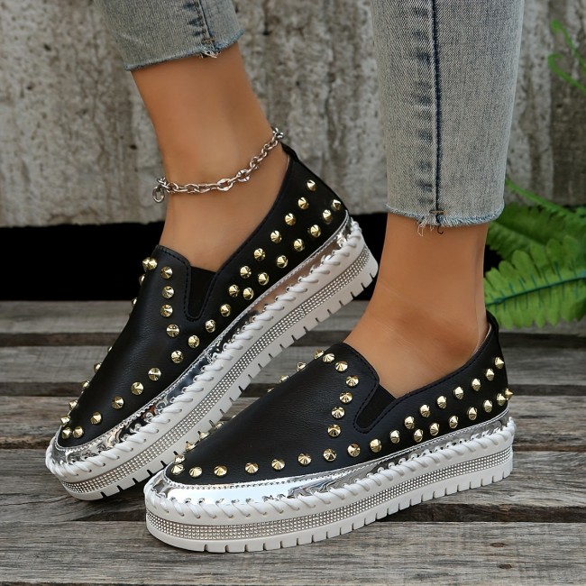 Women's Studded Platform Loafers, Stylish Round Toe Low Top Slip On Shoes, Casual & Versatile Sneakers