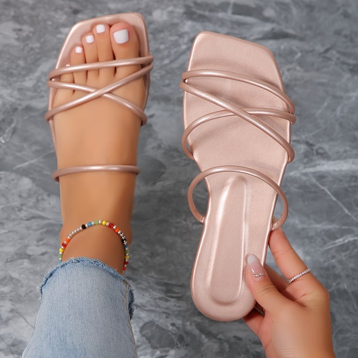 Women's Solid Color Slide Sandals, Casual Square Toe Flat Summer Shoes, Lightweight Slide Sandals