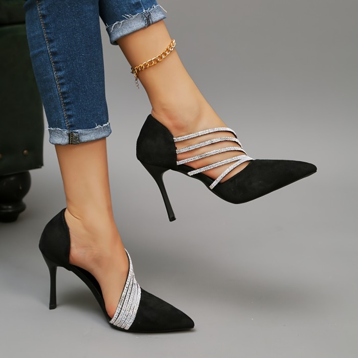 Women's Rhinestone Decor Stiletto Heels, Elegant Point Toe Dress Pumps, Fashion Slip On Party Heels