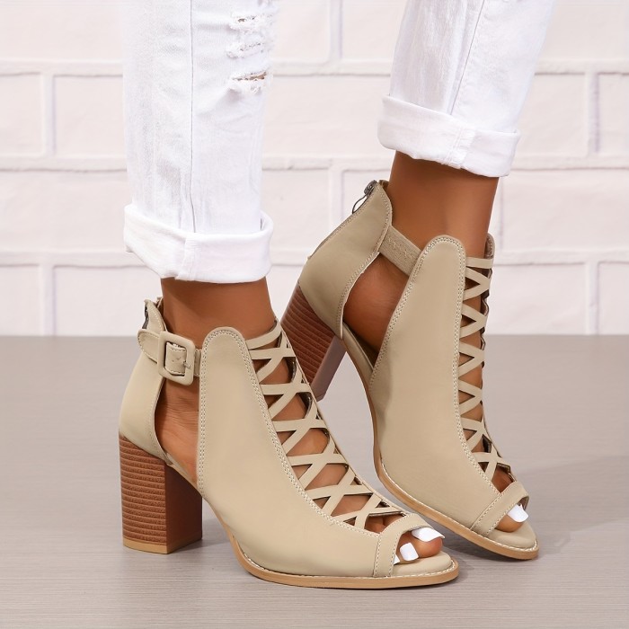 Women's Chunky Heeled Sandals, Peep Toe Cut-out Buckle Strap Stacked Heels, Retro High Heels