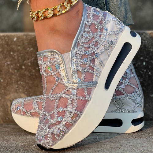 Women's Glitter Sequins Decor Sneakers, Breathable Mesh Inner Wedge Heeled Shoes, Comfortable Platform Shoes