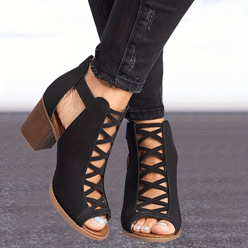 Women's Chunky Heeled Sandals, Peep Toe Cut-out Cross Strap Back Zipper Heels, Retro Stacked Heels Sandals