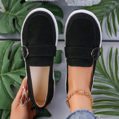Women's Buckle Strap Detailed Loafers, Casual Slip On Flat Shoes, Lightweight & Comfortable Shoes
