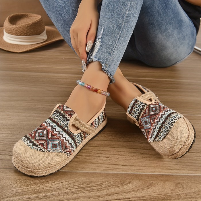 Women's Colorful Geometric Print Flats, Slip On Woven Straw Casual Espadrille Shoes, Vacation Boho Breathable Shoes