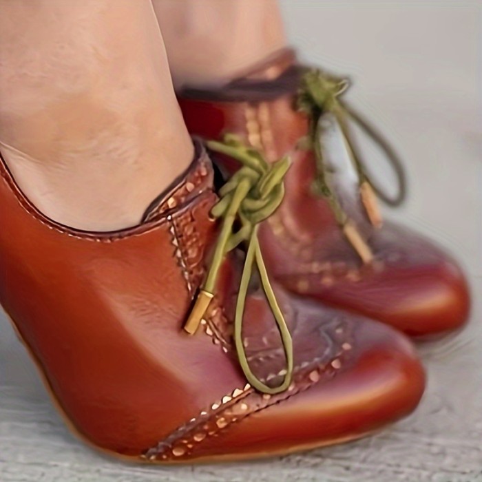 Women's Lace-up Chunky High Heels, Faux Leather Retro Round Toe Stacked Pumps, Casual Oktoberfest Dress Shoes