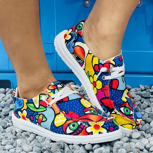 Personality Colorful Floral Pattern Flat Shoes For Women, Fashionable And Casual Sports Canvas Shoes, Lightweight And Comfortable For All Seasons