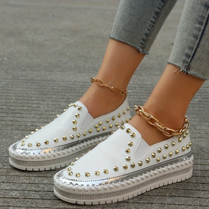 Women's Studded Platform Loafers, Stylish Round Toe Low Top Slip On Shoes, Casual & Versatile Sneakers