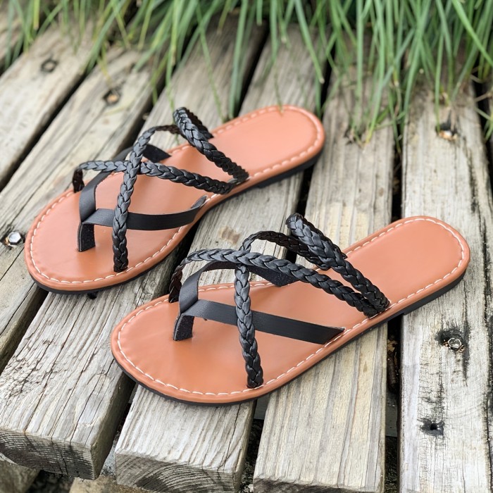 Women's Solid Color Braided Thong Sandals, Slip On Open Toe Non-slip Lightweight Slides Shoes, Boho Vacation Beach Shoes