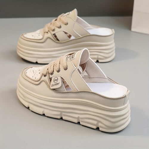 Women's Breathable Platform Mule Sneakers, Casual Cutout Design Lace Up Shoes, Comfortable Summer Shoes