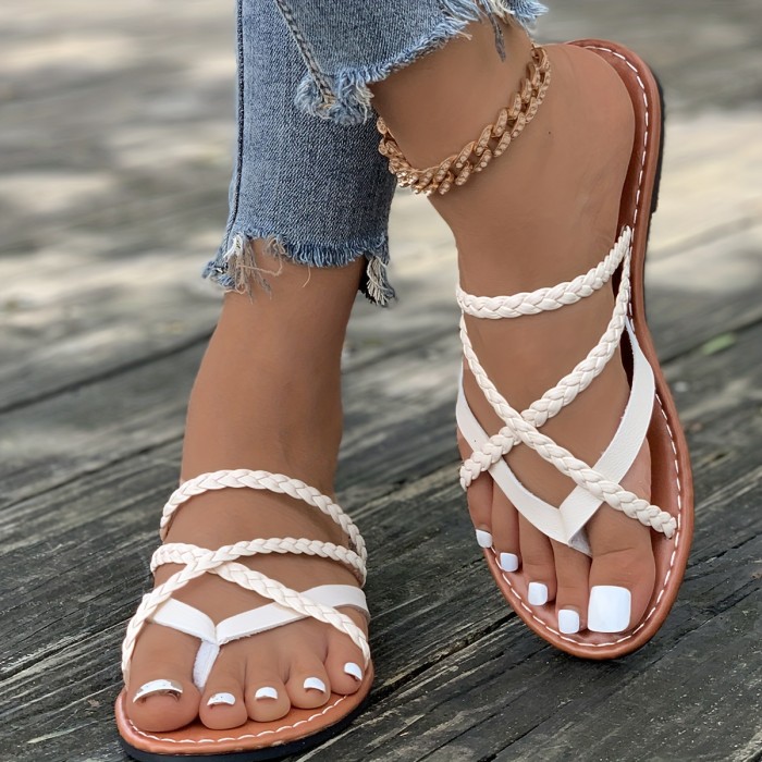 Women's Solid Color Braided Thong Sandals, Slip On Open Toe Non-slip Lightweight Slides Shoes, Boho Vacation Beach Shoes