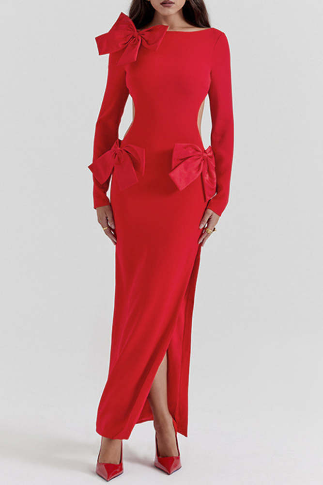 Elegant Solid Backless Slit With Bow O Neck Wrapped Skirt Dresses