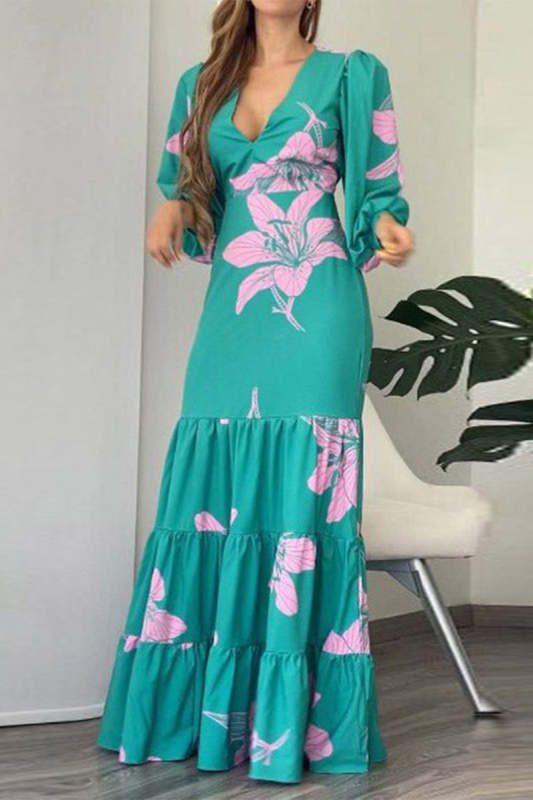 Elegant Floral Flounce Fold V Neck Printed Dress Dresses