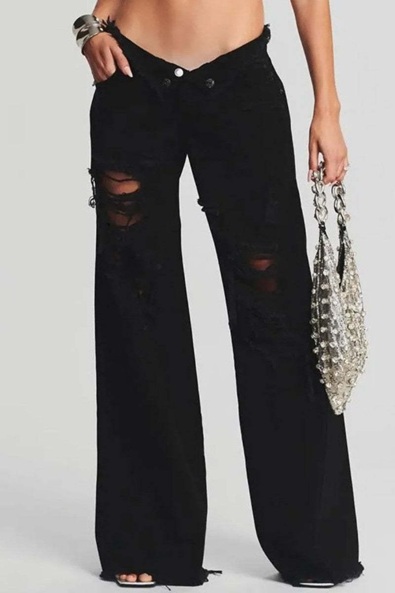 Casual Patchwork Ripped Patch Mid Waist Regular Denim Jeans main image 1