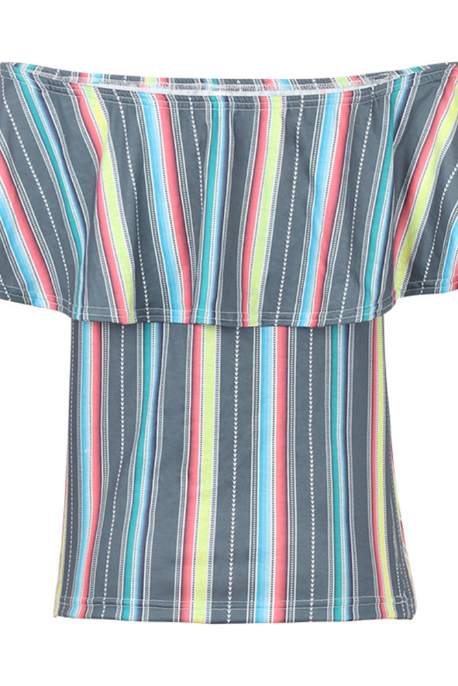 Casual Striped Patchwork Off the Shoulder T-Shirts